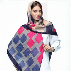 روسری نخی ژاکارد دست دوز طرح مربعی